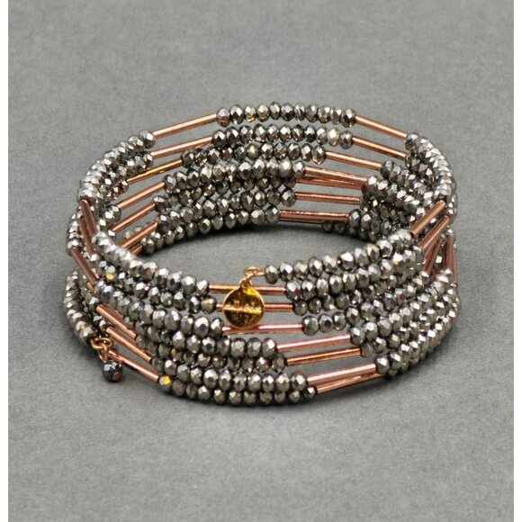 Stella & Dot Bardot Spiral Coil Bracelet Hematite Beads Rose Gold Tone 7" - Picture 2 of 6